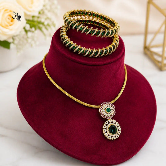 Premium Emerald Gold AD Pendant Necklace Set with Designer Bangles
