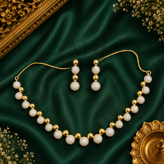 Premium American Diamond Gold Bead Necklace Set with Matching Earrings