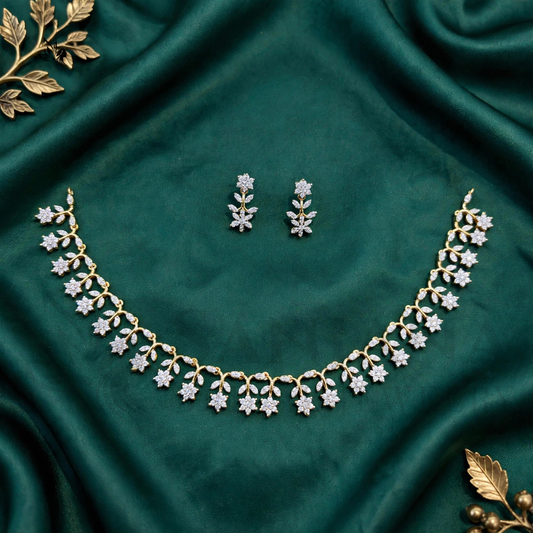 Elegant Gold AD Floral Necklace & Drop Earring Set