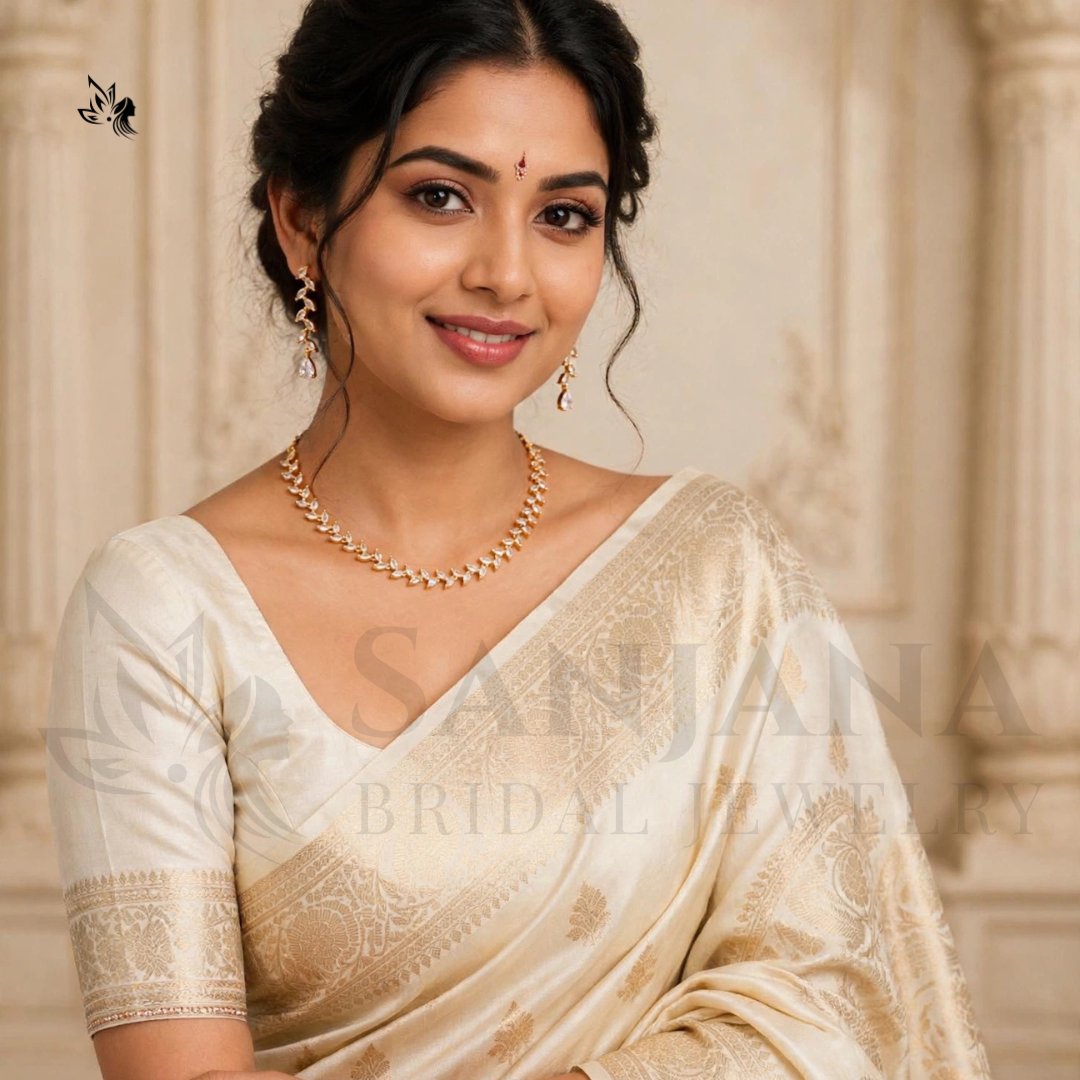 Elegant Gold-Plated AD Stone Necklace & Drop Earrings Set