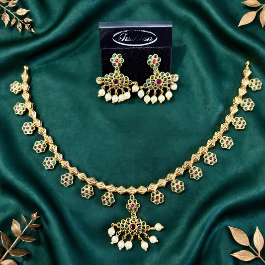 Traditional Gold-Plated Floral Necklace Set with Pearl Drop Earrings