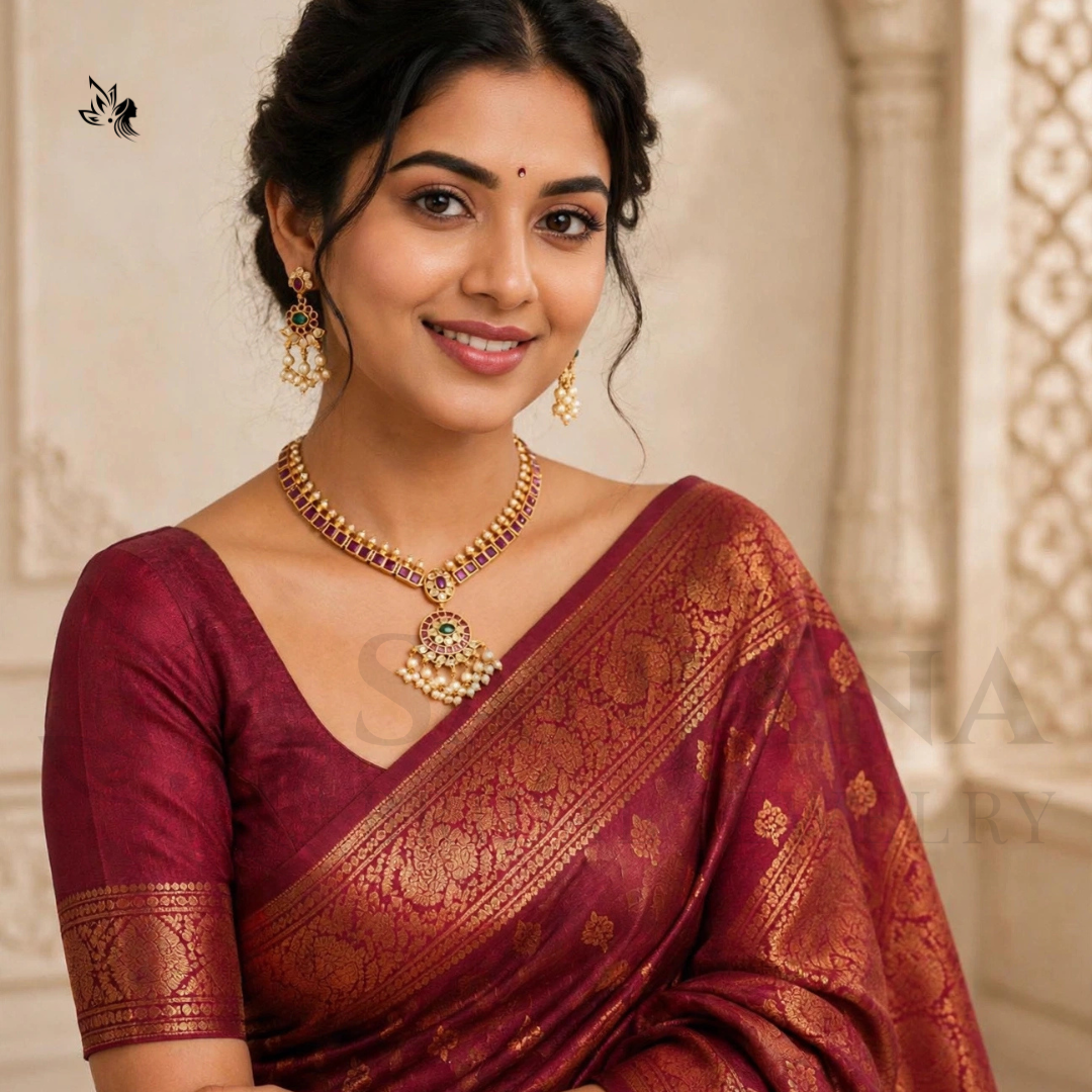 Traditional Gold Tone Temple Necklace Set with Ruby & Emerald Stones