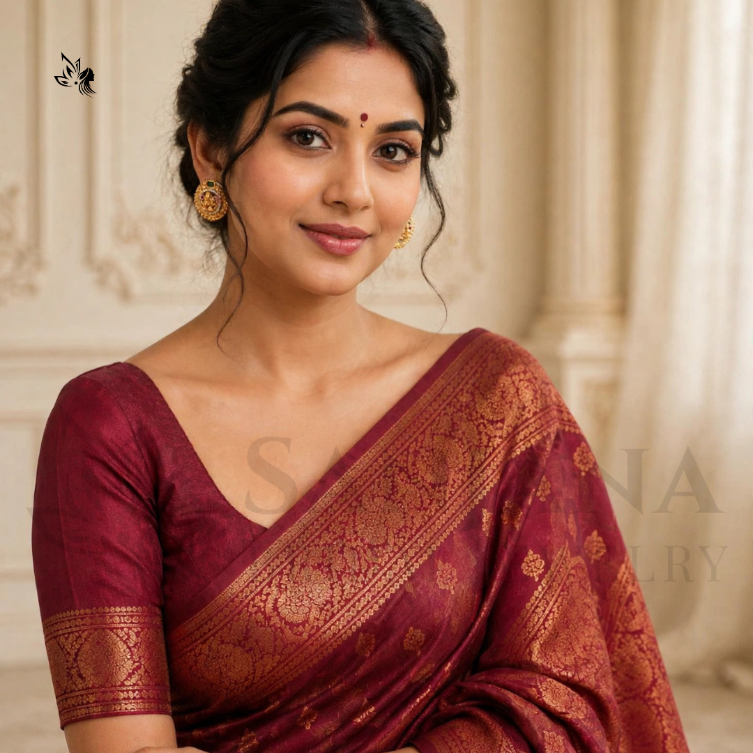 A woman wearing a deep maroon silk saree with a gold zari Banarasi border and a matching maroon blouse, posed against a soft beige classical background.