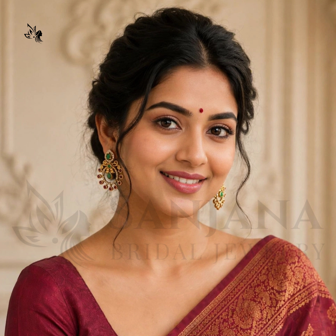 A woman wearing ornate gold and green bridal earrings with a maroon blouse and sari, shown in a close-up portrait against a soft beige background.