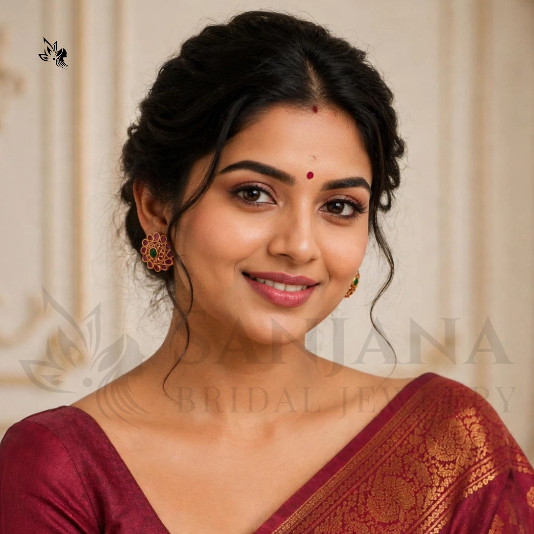 A woman wearing ornate gold and red traditional earrings, styled in a maroon saree, with a faint 'Sujana Bridal Jewelry' watermark across the image.