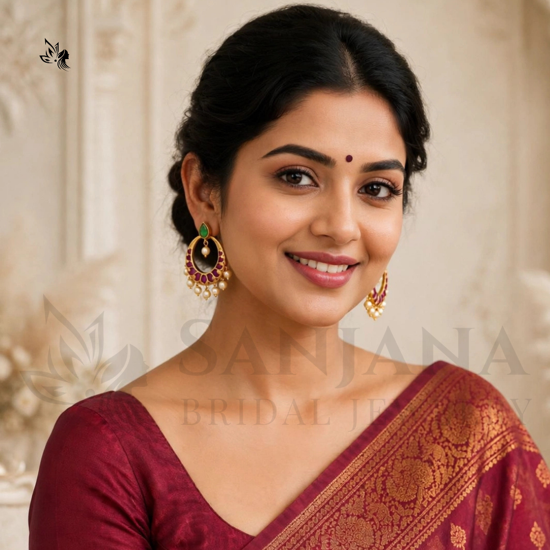 A woman wearing a deep maroon silk saree with a gold zari border and a matching maroon blouse, styled with ornate gold earrings. The background is a soft beige classical wall with a faint watermark of 'SANJANA BRIDAL JEWELRY'.