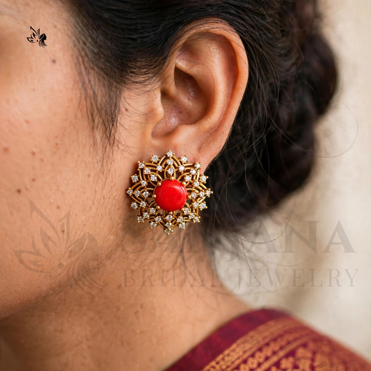 Royal Coral & Zircon Gold-Plated Stud Earrings