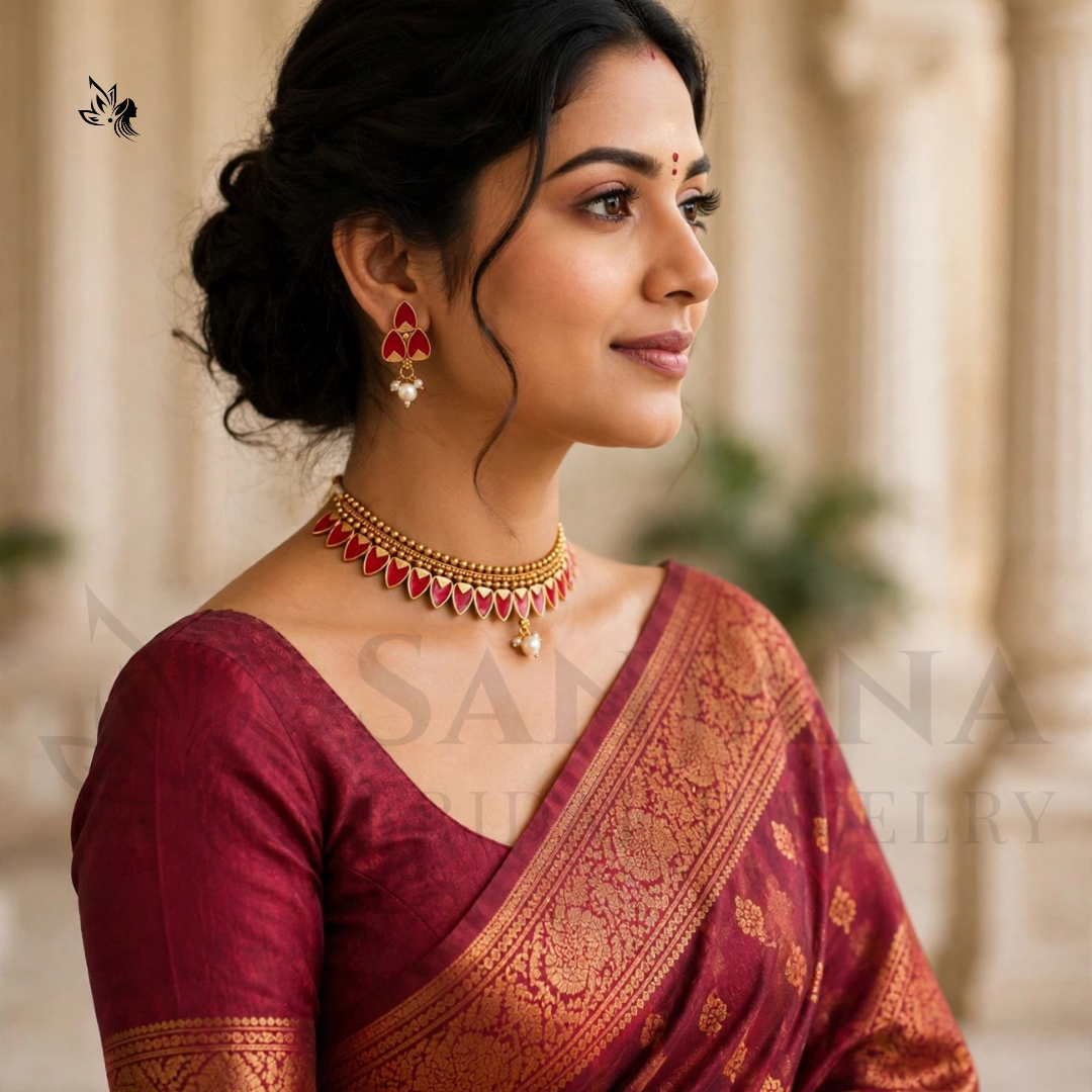 Gold-Toned Red Enamel & Pearl Bridal Necklace Set with Matching Earrings