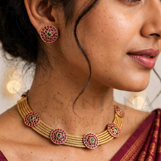 Gold-Toned Traditional Choker Necklace Set with Pink & Green Stone Circular Motifs