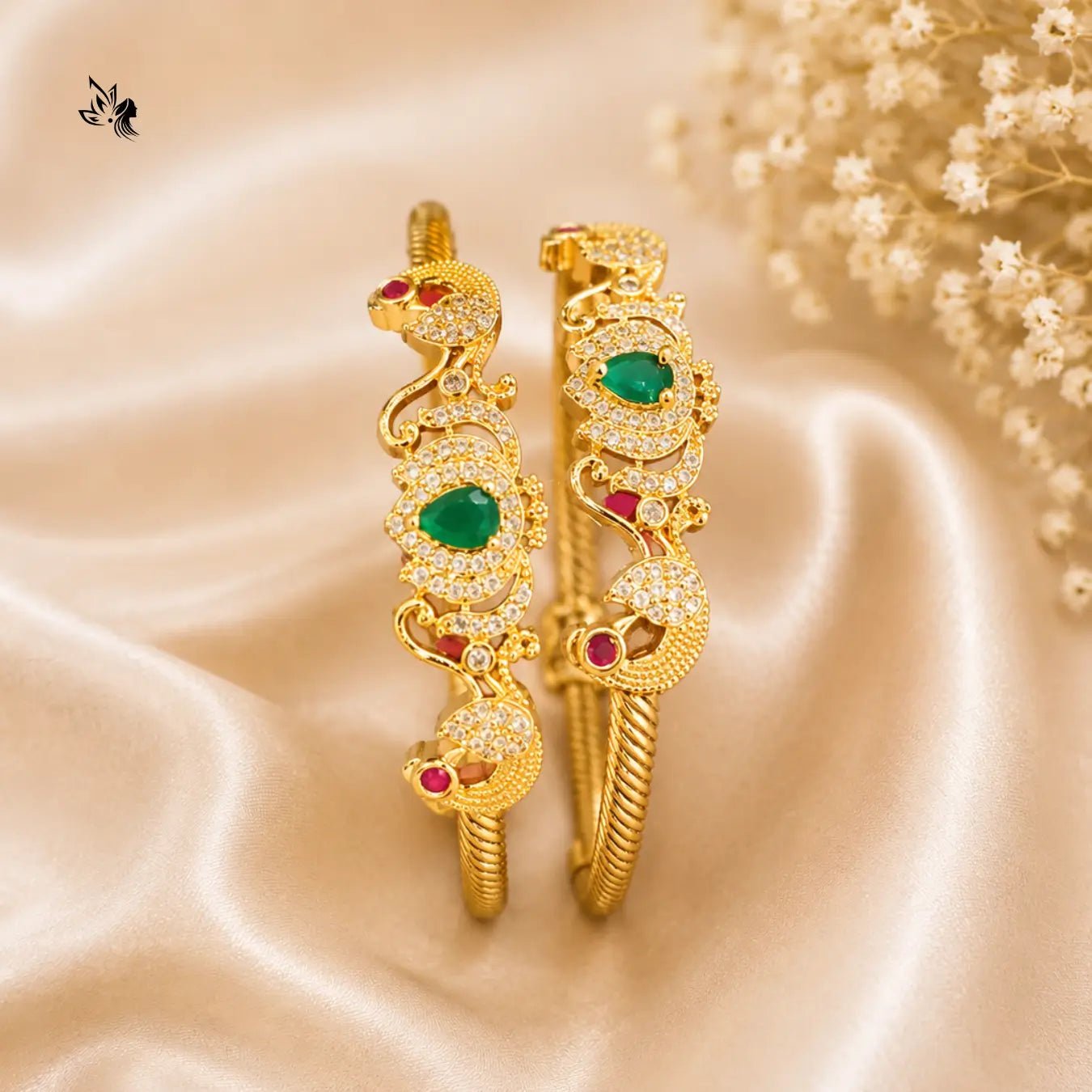 Peacock Adjustable Kada Bangle with American Diamond | Gold Replica