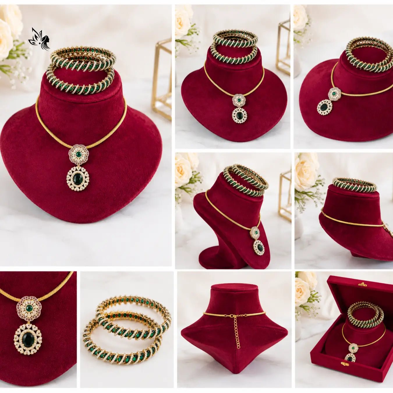 Premium Emerald Gold AD Pendant Necklace Set with Designer Bangles