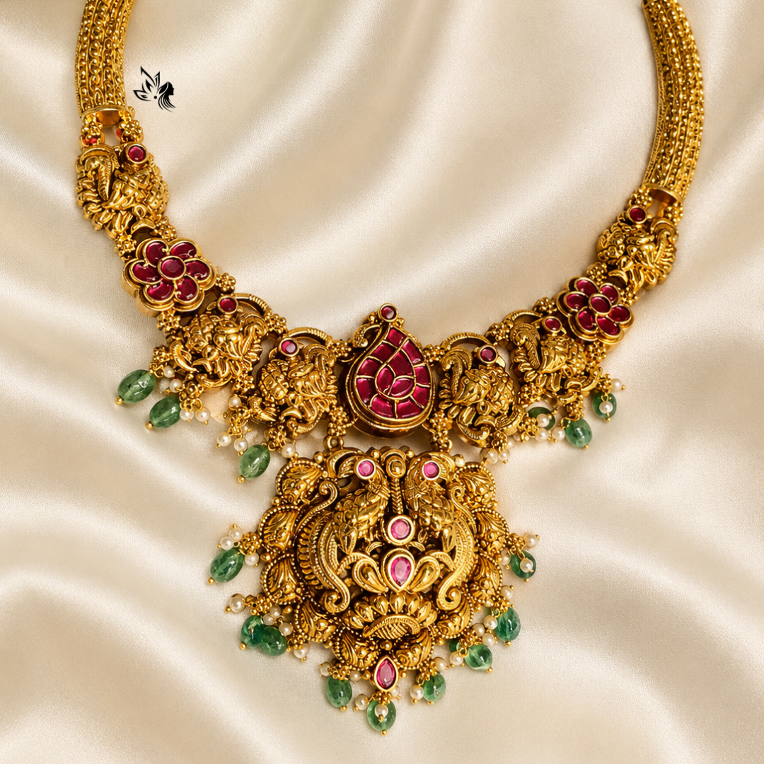 Premium Antique Peacock Temple Necklace with Ruby Kemp Stones & Green Beads