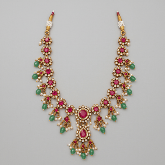 A gold-plated traditional Indian Kundan necklace with vibrant pink gemstones, green stones, and white faux pearls, displayed on a cream satin fabric background with white roses in the corner.