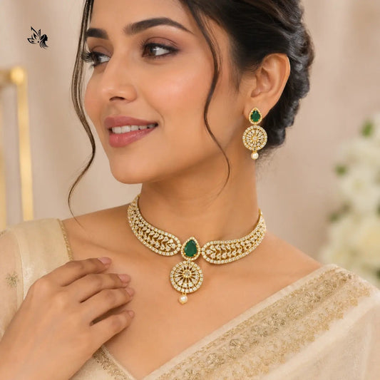 Emerald Green Gold AD Stone Choker Necklace Earrings for Women