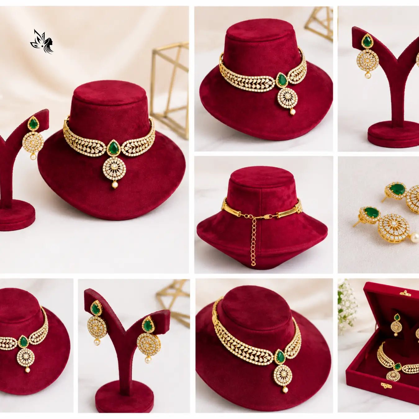 Emerald Green Gold AD Stone Choker Necklace Earrings for Women