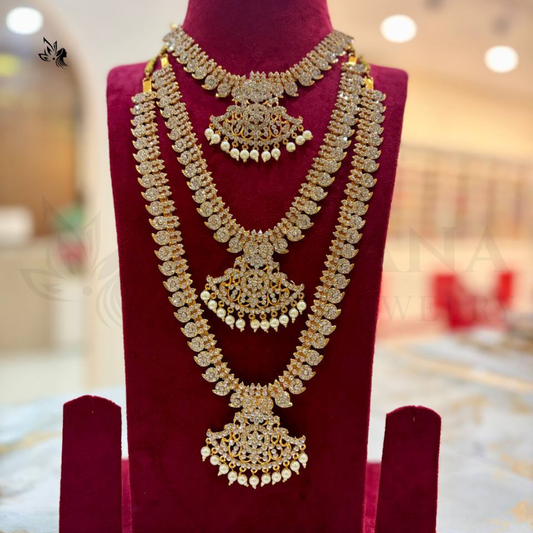 Antique Gold 3-Piece white stone Jewelry Haram & Necklace Set for Lakshmi Pooja Doll