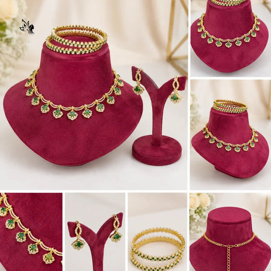 Elegant Gold-Plated Green Stone Necklace Set with Matching Earrings & Bangles