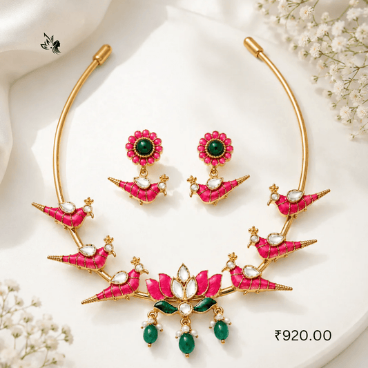Pink Lotus & Peacock Necklace Set – Premium Designer Fashion Jewellery