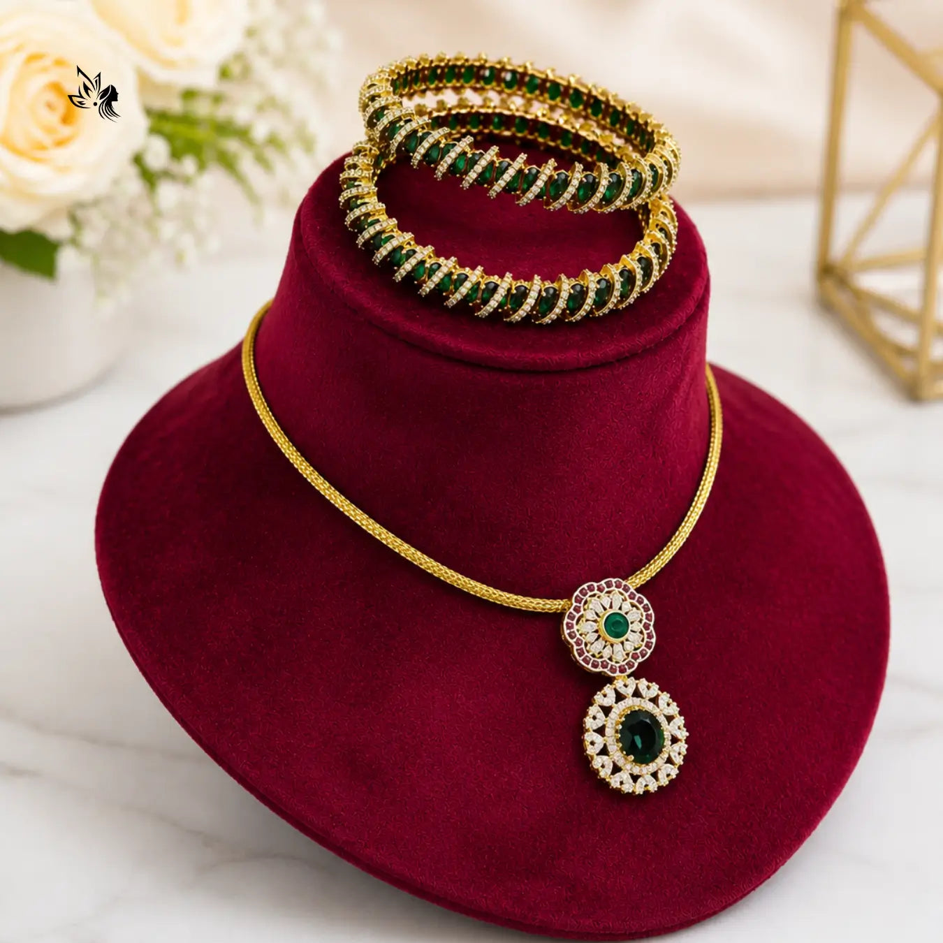 Premium Emerald Gold AD Pendant Necklace Set with Designer Bangles
