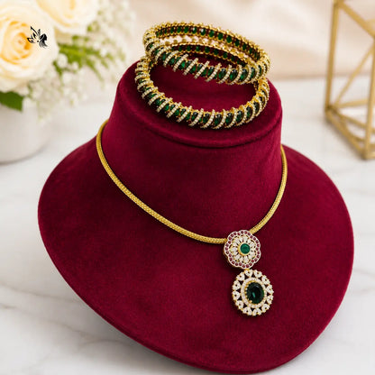 Premium Emerald Gold AD Pendant Necklace Set with Designer Bangles
