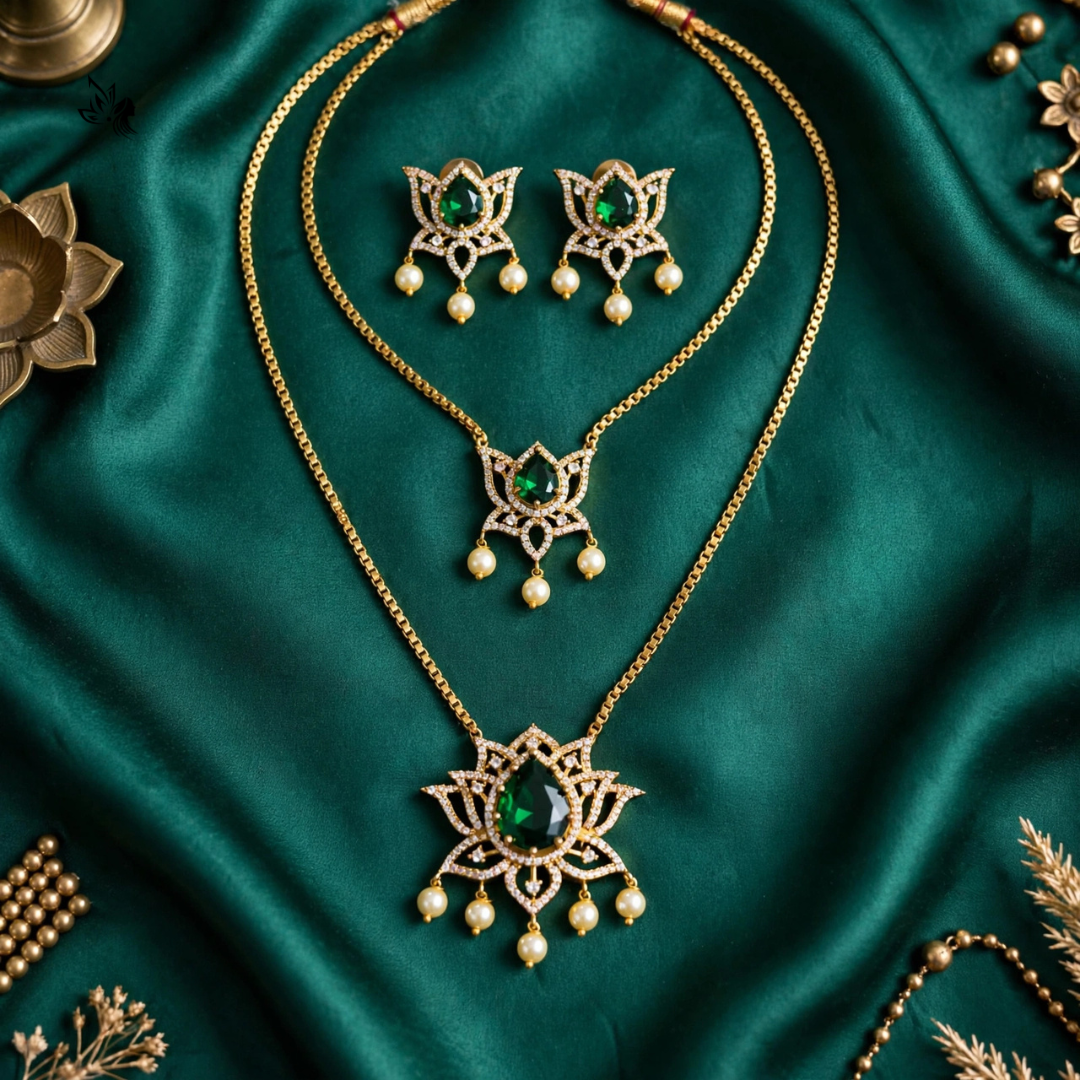 Emerald Green Stone Polki Necklace Set with Matching Earrings