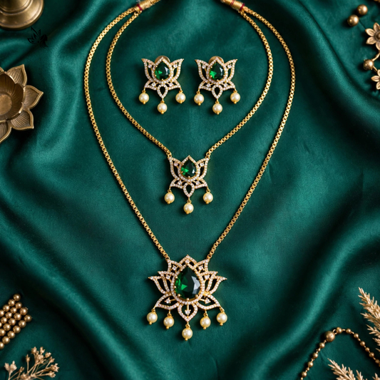 Emerald Green Stone Polki Necklace Set with Matching Earrings