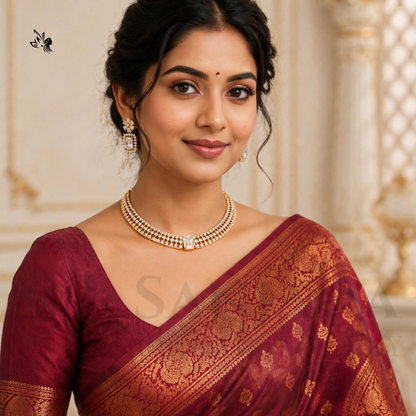 A woman wearing a deep maroon silk saree with a gold zari border and a matching gold necklace, set against a soft beige background with classical architectural details.