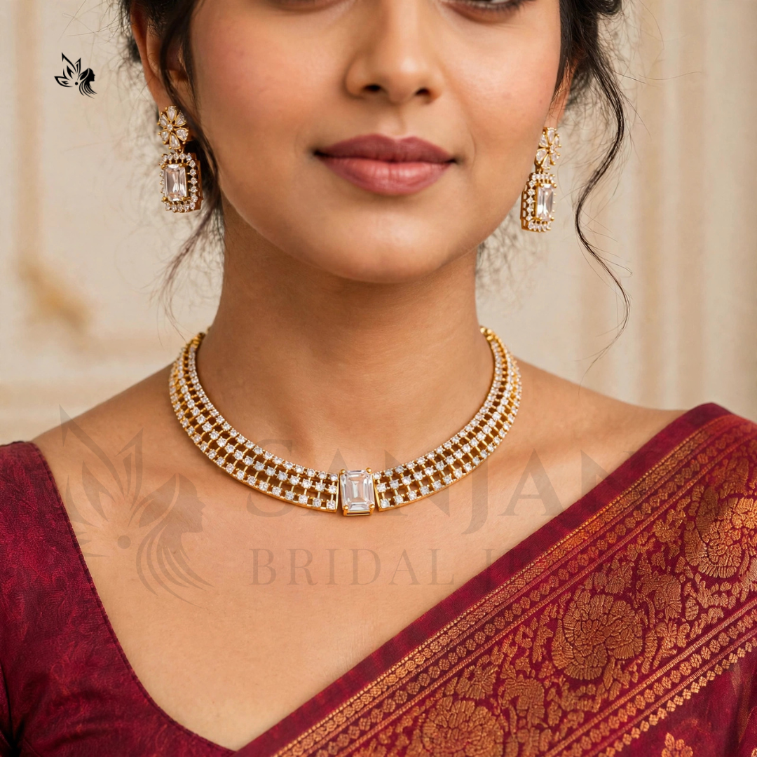 Elegant Minimalist AD stoned Gold Choker Necklace & Earrings