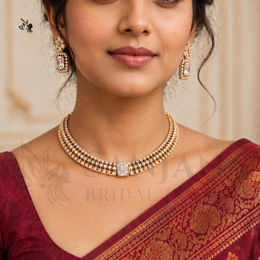 Elegant Minimalist AD stoned Gold Choker Necklace & Earrings