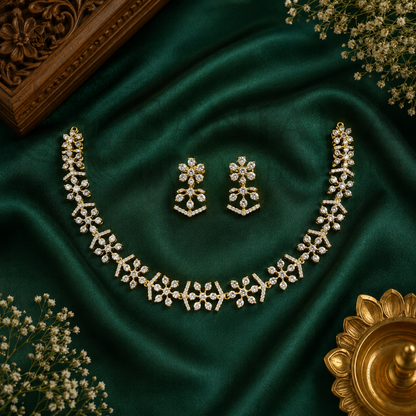 Gold-Plated Floral AD Necklace Set with Matching Earrings
