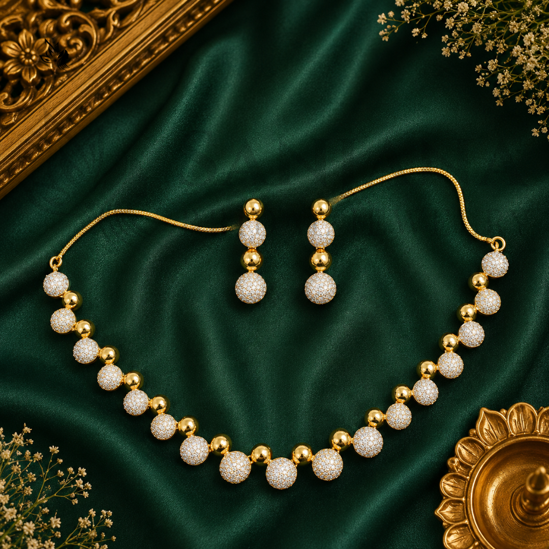 Premium American Diamond Gold Bead Necklace Set with Matching Earrings