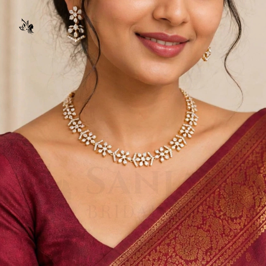 Gold-Plated Floral AD Necklace Set with Matching Earrings