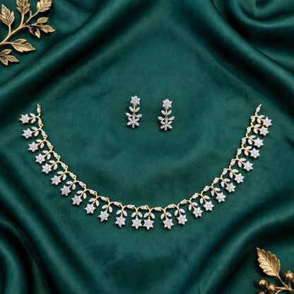 Elegant Gold AD Floral Necklace & Drop Earring Set