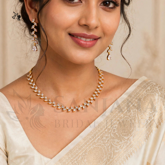 Elegant Gold-Plated AD Stone Necklace & Drop Earrings Set