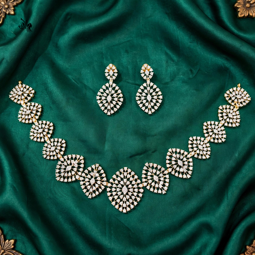 Elegant Gold-Toned Cubic Zirconia Necklace & Earring Set