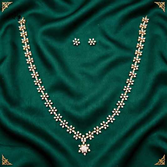 Gold-Toned Floral CZ Necklace Set with Matching Stud Earrings