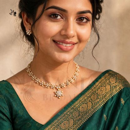 Gold-Toned Floral CZ Necklace Set with Matching Stud Earrings