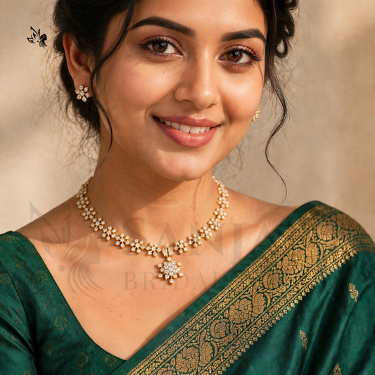 Gold-Toned Floral CZ Necklace Set with Matching Stud Earrings