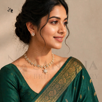 Gold-Toned Floral CZ Necklace Set with Matching Stud Earrings