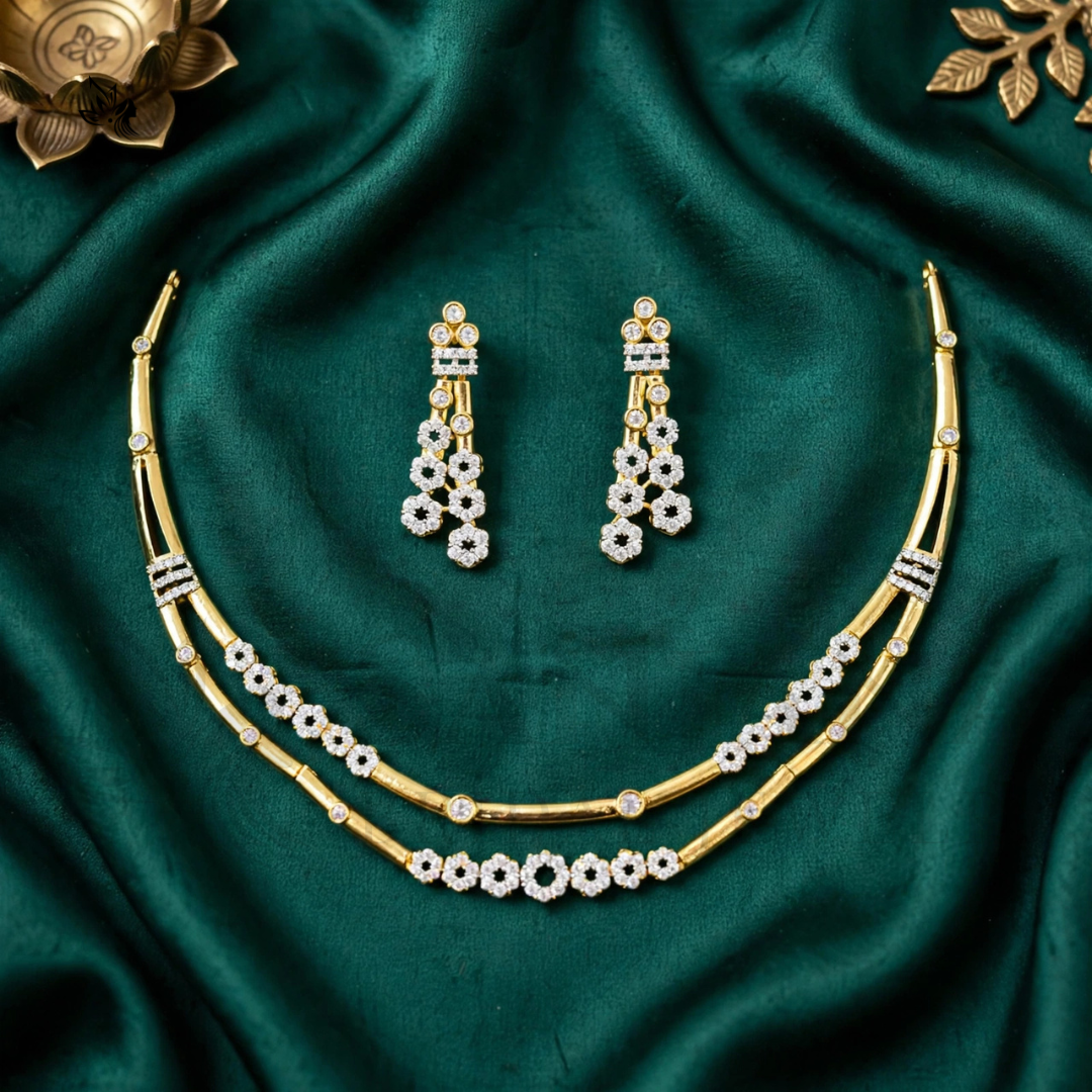 Sanjana Elegant American Diamond Floral Necklace Set with Matching Drop Earrings