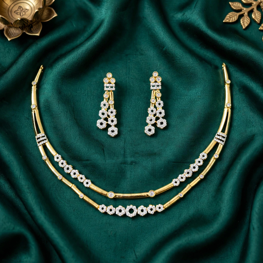 Sanjana Elegant American Diamond Floral Necklace Set with Matching Drop Earrings