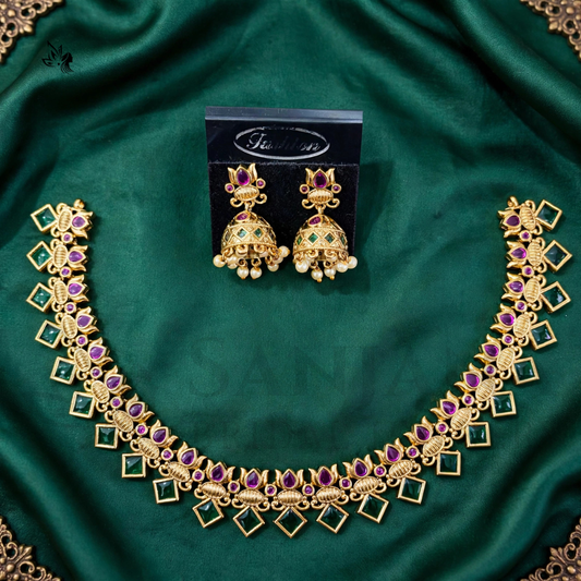 Gold-Plated Antique Floral Necklace & Jhumka Earrings Set red & Green Stones