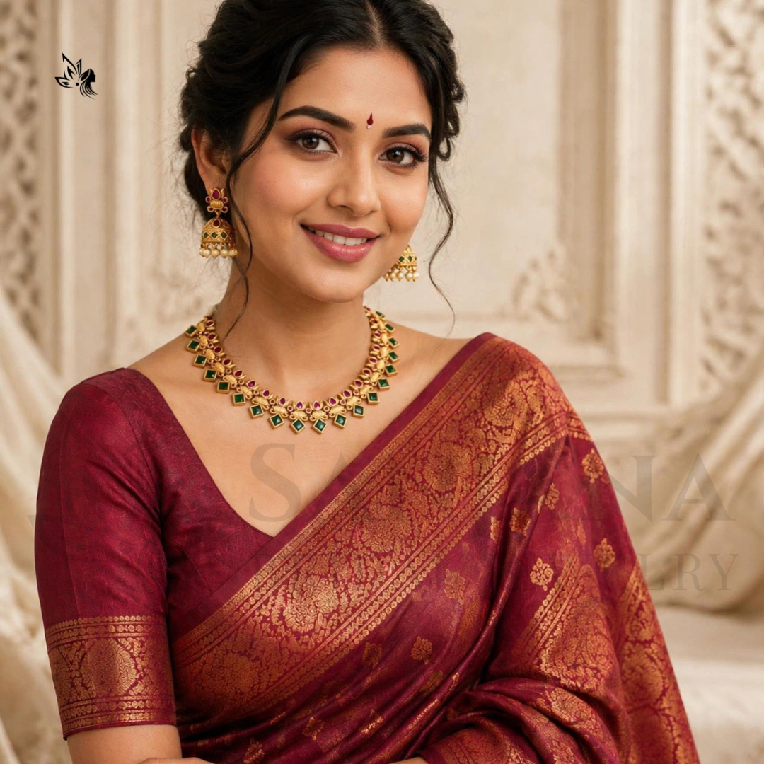 Gold-Plated Antique Floral Necklace & Jhumka Earrings Set red & Green Stones