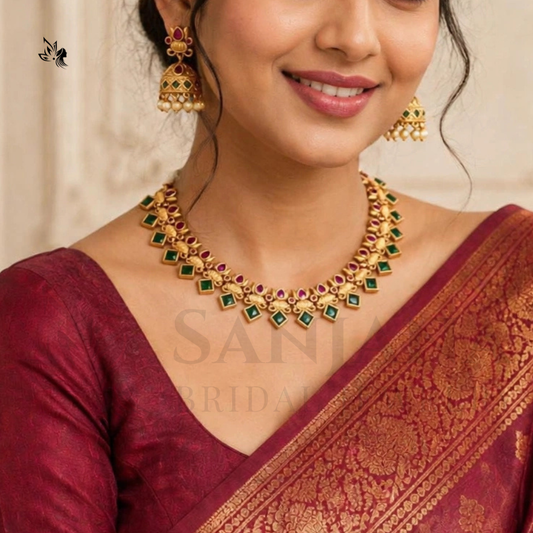 Gold-Plated Antique Floral Necklace & Jhumka Earrings Set red & Green Stones