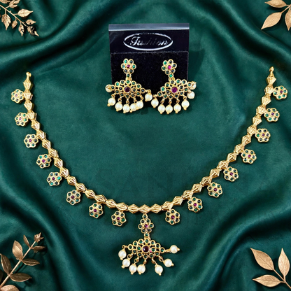 Traditional Gold-Plated Floral Necklace Set with Pearl Drop Earrings