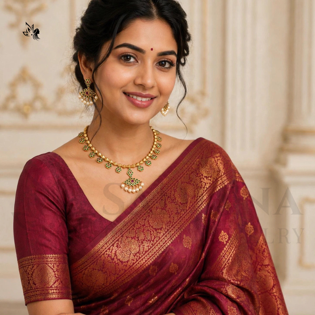 Traditional Gold-Plated Floral Necklace Set with Pearl Drop Earrings