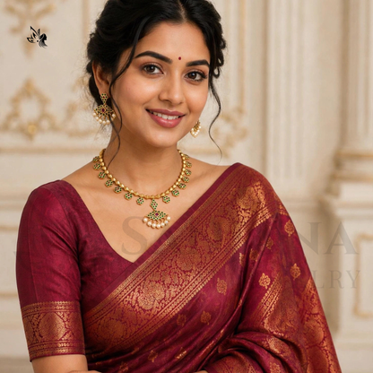 Traditional Gold-Plated Floral Necklace Set with Pearl Drop Earrings