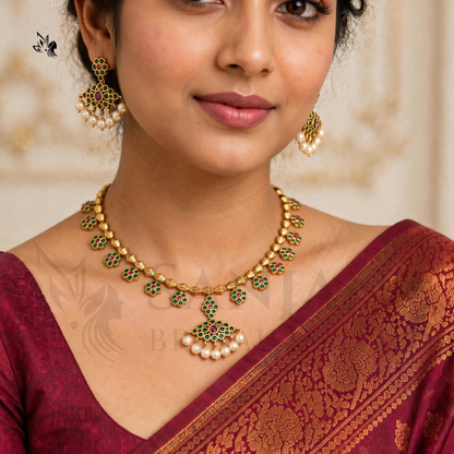 Traditional Gold-Plated Floral Necklace Set with Pearl Drop Earrings