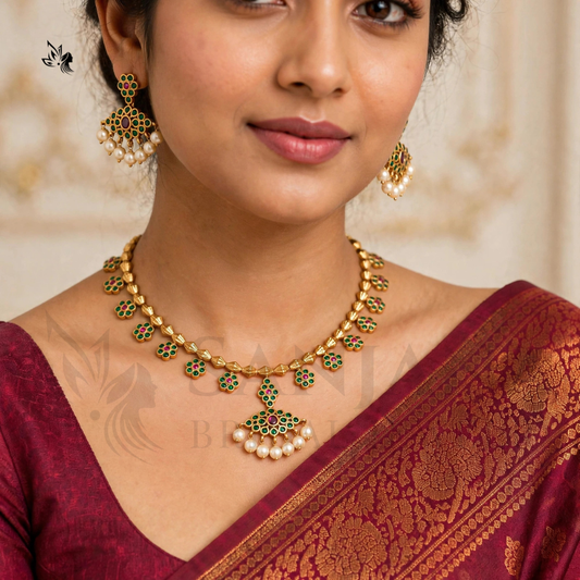 Traditional Gold-Plated Floral Necklace Set with Pearl Drop Earrings