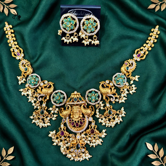 Ornate Antique Gold Lakshmi Temple Jewelry Set with Green Stone Accents